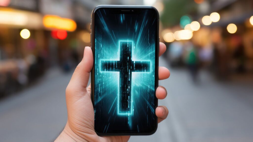 man holding a smartphone with a glowing cross on the screen