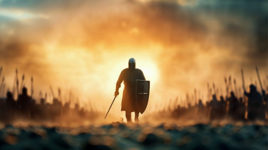 a lone knightstands firm in battle,armor of god,spirirual warfare