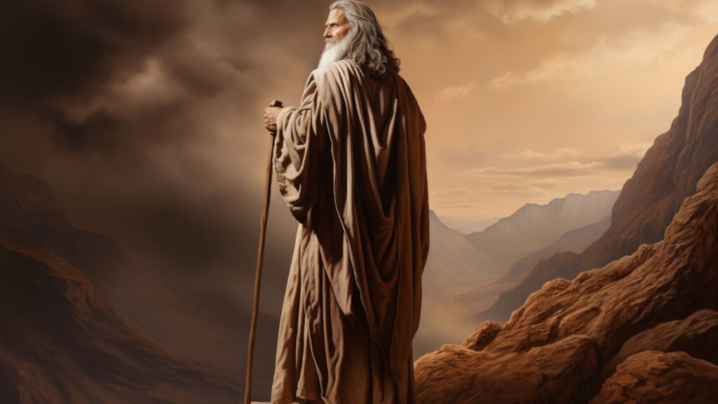 Moses on the mountain holding his staff