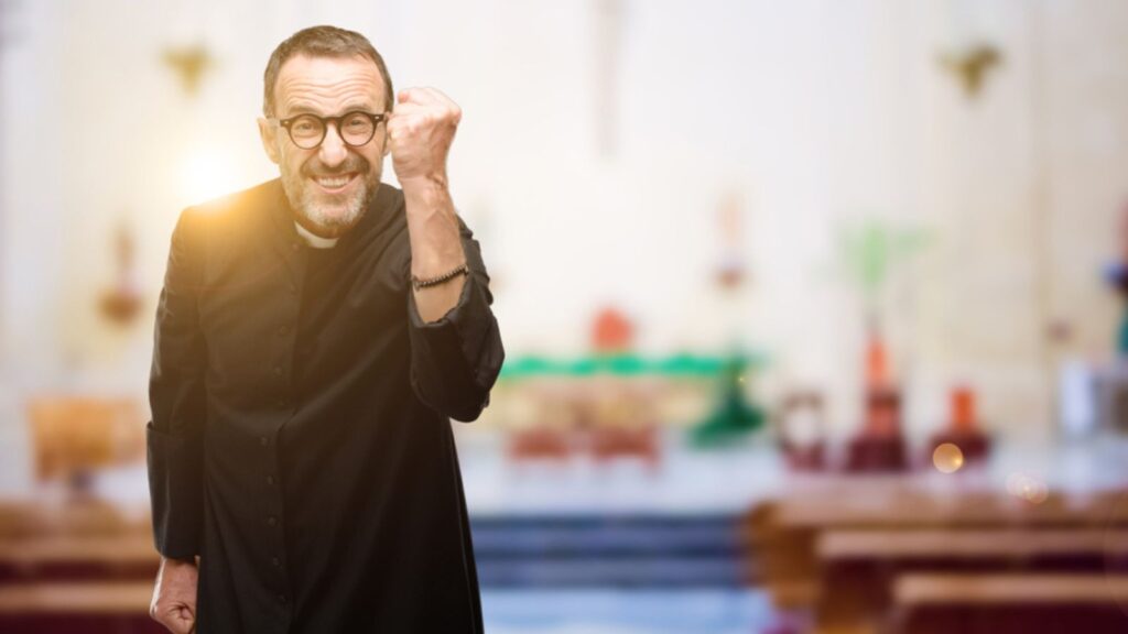 Priest religion man irritated and angry expressing negative emotion, annoyed with someone at church