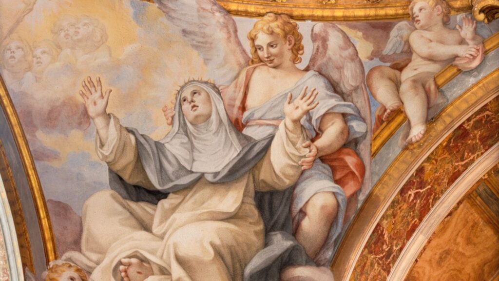 The fresco of Stigmatization of St. Catherine of Siena in the cupola of church Basilica di Santa Sabina by Giovani Battista Contini (1671)