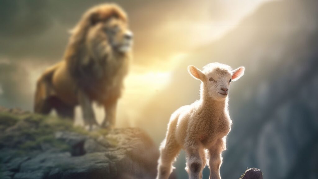 lamb stands boldly because the lion is behind