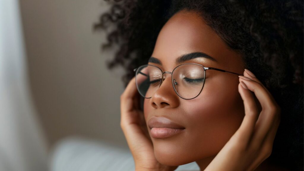 serene woman with glasses,taking a peaceful moment