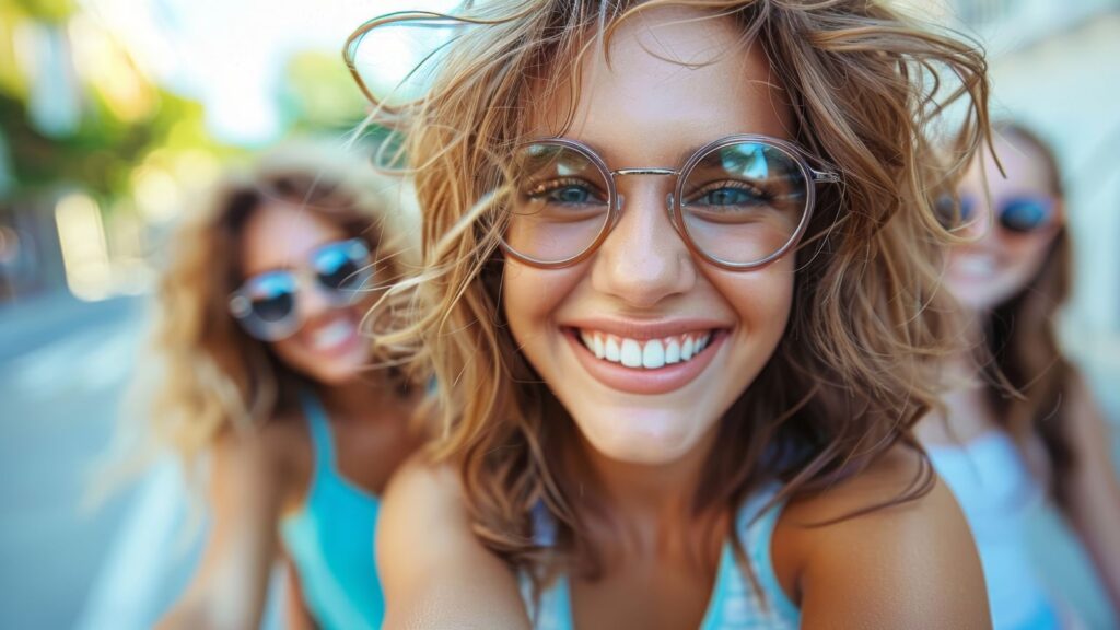 three young women smiling walking the streets,friends