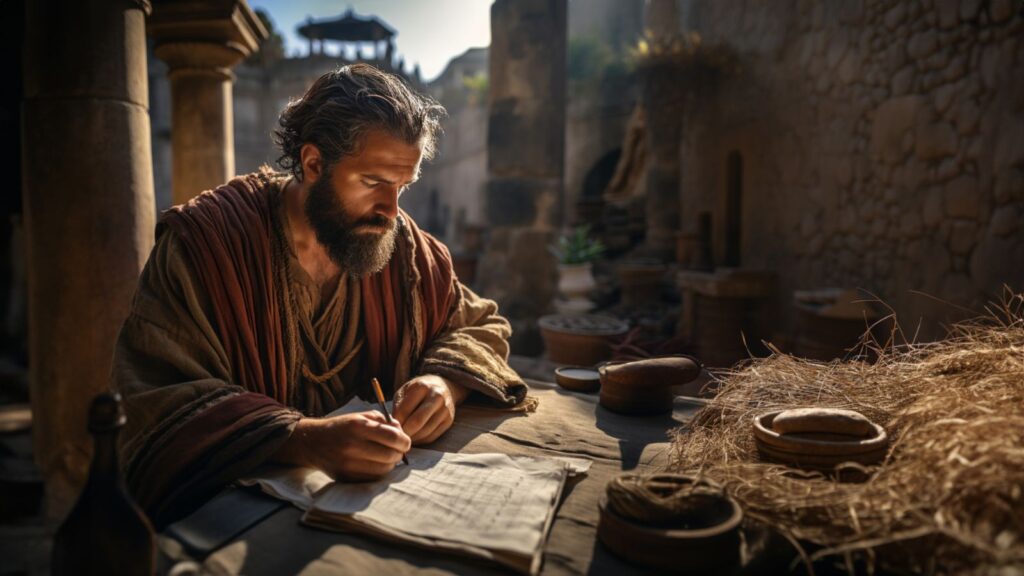 One of Jesus' apostles is taking notes, writing a part of the gospel.